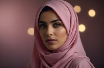 Naklejka premium hyper realistic cinematography of a arabian persian beautiful woman wearing pink draped in hijab, in a studio with bokeh background