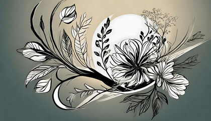 Floral branch and minimalist flowers for logo or tattoo. Hand drawn line illustration. Generative AI.