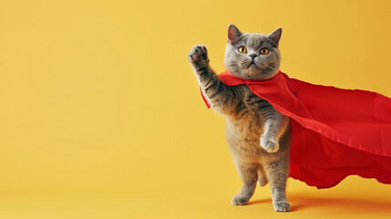 superhero cat jump and fly with cloak and mask, british shorthair cat, brave cat, animal lover, cat lover - obrazy, fototapety, plakaty