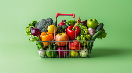 Vegetables in a grocery basket on a simple green background. The concept of a bright banner or flyer for a supermarket