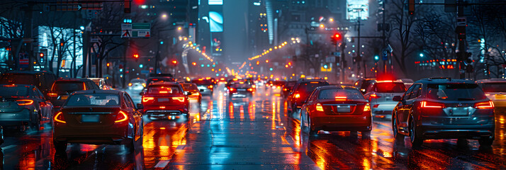 Smart traffic management solutions sty,
Evening city blurred light car traffic high buildings New York background template
 - obrazy, fototapety, plakaty
