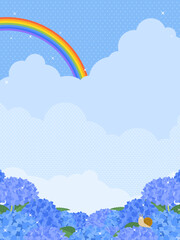 虹のかかった青空と満開のアジサイ＆かたつむり（縦向き）