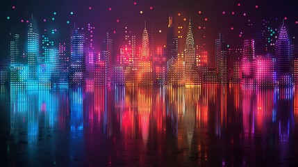Cityscape with skyscrapers made of led dots.
