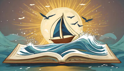 Sailboat on the open book with waves, sun and flying birds stock illustration. Generative AI.