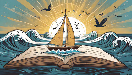 Sailboat on the open book with waves, sun and flying birds stock illustration. Generative AI.
