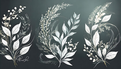 Set of wedding monogram, botanical floral branch and logo. Hand drawn wedding herb, homeplan. Generative AI.