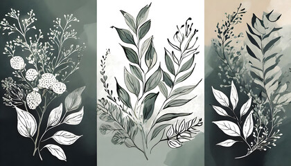 Set of wedding monogram, botanical floral branch and logo. Hand drawn wedding herb, homeplan. Generative AI.