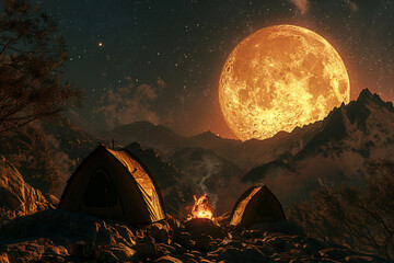 Design a campfire scene on a rocky mountain ridge, with silhouetted tents against the backdrop of the luminous full moon