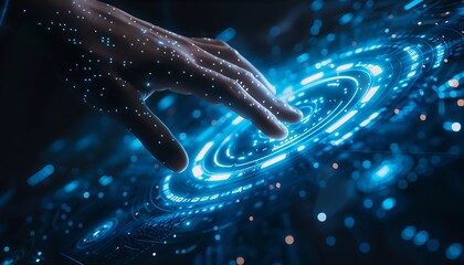 Dynamic Visualization: Hand Interacting with Spinning Data Flow, Background Illustrating Data Processing