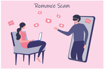 Romance scam, online dating scam, cyber crime concept, woman in love with scammer, hacker chatting online vector illustration
