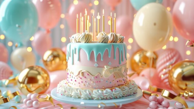 This visually stunning 3D-rendered image depicts an elegant birthday scene The centerpiece is a multi-layered cake adorned with pastel-colored icing,creating a soft and inviting aesthetic Surrounding