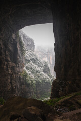 Panorama of gorge valley and karst limestone rock formations in Wulong, China - obrazy, fototapety, plakaty