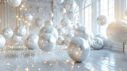 Anniversary setting with a 3D frame filled with silver and white balloons floating in a dreamy,starlit environment The elegant,glamorous scene creates an atmosphere