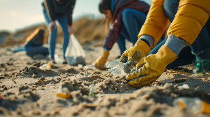 A group of volunteers equipped with gloves and bags as they meticulously clean a beach, collecting small bits of plastic and other debris.