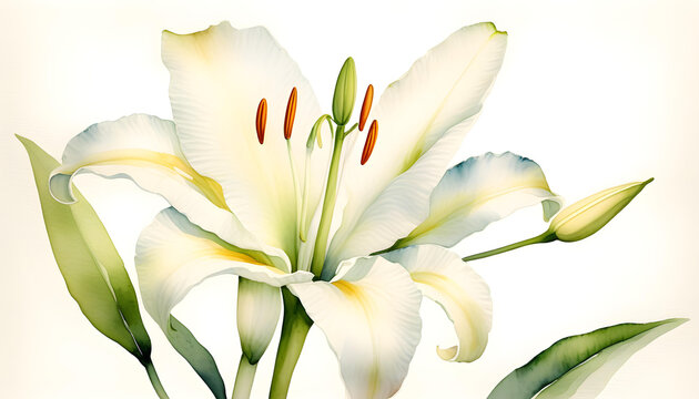 A minimalist watercolor painting of a white lily on a white background.
