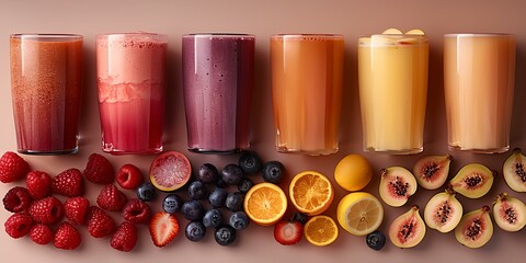 Obraz na płótnie Canvas A row of colorful drinks and fruit on a table