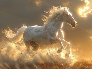 Obraz na płótnie Canvas A white horse is running through a field of tall grass