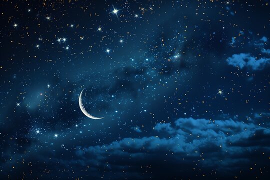 A starry night sky with a crescent moon