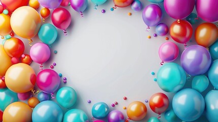 A visually striking arrangement of vibrant,three-dimensional birthday balloons in a diverse range of colors creating a circular border around a blank central area This design offers a versatile and