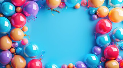 This image depicts a captivating arrangement of colorful,vibrant 3D birthday balloons creating a circular border around a blank central space The balloons,in a variety of hues including