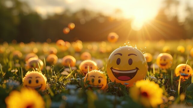 Naklejki This vibrant,cheerful scene depicts 3D smiley emoji balls bouncing lightly in an open,sunlit field The bright,bouncing balls create a sense of playful joy and positive energy,conveying an uplifting
