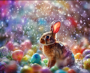 Cute brown bunny with colorful easter eggs and rain. colorful background.