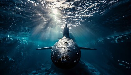 Submarine submerging into depths, military maneuver - obrazy, fototapety, plakaty