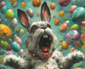 Crazy gray and black bunny screaming. Colorful easter eggs falling from the sky. Green background