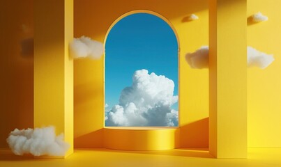 3d render, abstract yellow background with blue sky inside the window. White clouds fly inside the room. Simple showcase scene for product, Generative AI 