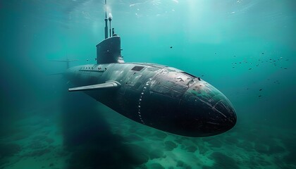 Submarine submerging into depths, military maneuver