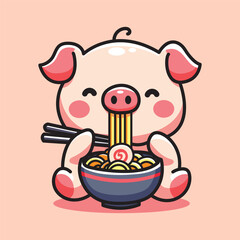 Cute vector design illustration of pigs eating ramen