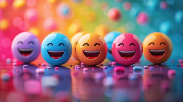 This vibrant and cheerful image depicts a gathering of 3D emoji smiley faces with different expressions of happiness and joy The faces are set against a colorful rainbow gradient background,creating