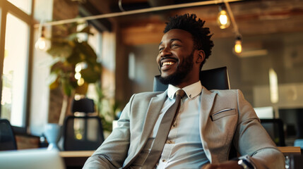 A man in a suit and tie is smiling and sitting in a chair. Concept of confidence and positivity