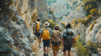 A group of hikers make way through a rugged mountain trail backs to the camera as they pause to take in the breathtaking . .