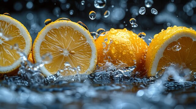 A cluster of juicy lemons covered in water drops tumbling into a dark tank, Generated by AI