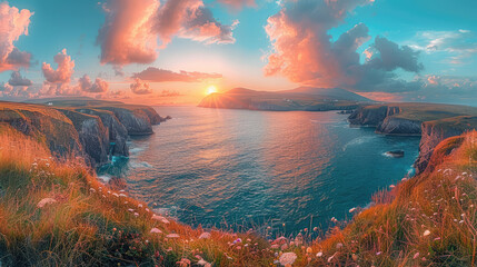 A breathtaking panoramic view of the rugged cliffs and coastal landscapes along Ireland's west coast, with a backdrop of vibrant sunset colors over an expansive sea that meets the horizon in distance. - obrazy, fototapety, plakaty