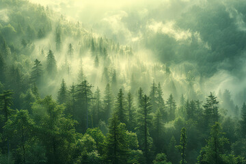 Dron shot of forest with havy fog. Created with Ai