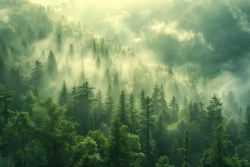 Keuken spatwand met foto Dron shot of forest with havy fog. Created with Ai © Artistic Assets