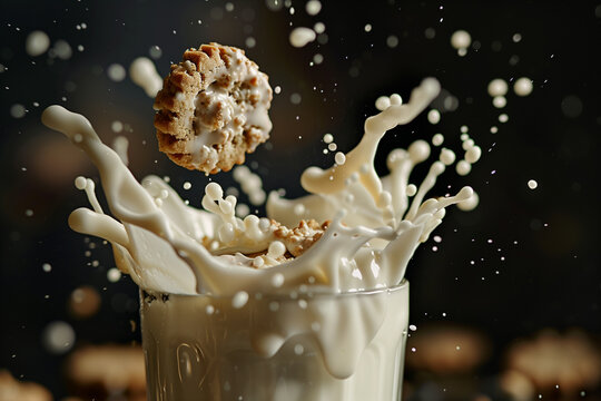 Closeup tasty cookies are splashing in milk, 3d illustration on natural dark background. Cream Milkshake, crazy joyful fun breakfast. Concept of joy of freedom and enjoying wild style of eating