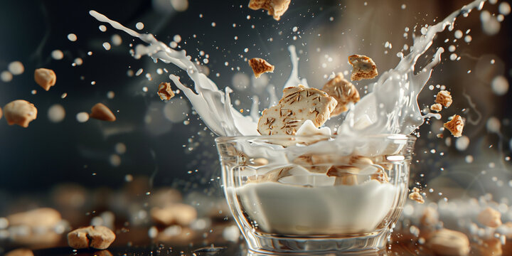 Closeup tasty cookies are splashing in milk, 3d illustration on natural grey background. Cream Milkshake, crazy joyful fun breakfast. Concept of joy of freedom and enjoying wild style of eating