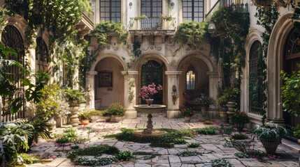 Fototapeta na wymiar A courtyard with a lot of greenery and a few potted plants. The courtyard is surrounded by buildings with arched windows