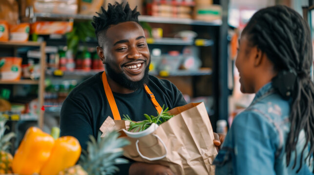 A man is smiling at a woman while she holds a bag of groceries. The man is wearing an apron and he is a cashier. The woman is smiling back at him, and they seem to be having a pleasant interaction