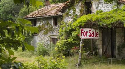 Abandoned house with overgrown greenery and a 'For Sale' sign, depicting real estate investment or renovation concept.