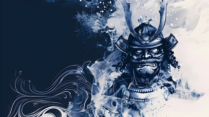 Monochrome Samurai Art in Blue Tones Wallpaper Background
