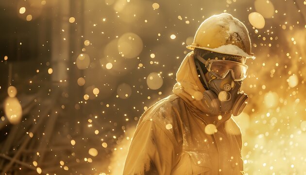 Skilled Construction Worker Amid Glass Wool Dust, Protected by Quality Mask