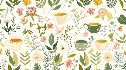 Herbal tea and botanicals seamless pattern, with a variety of leaves, flowers, and teacups v - obrazy, fototapety, plakaty
