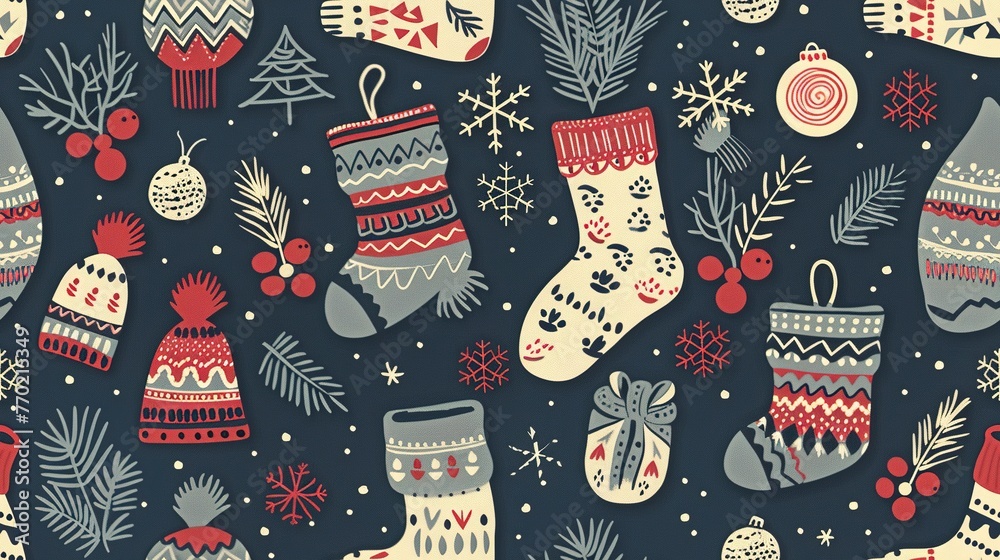 Wall mural Cozy winter pattern, seamless design featuring knitted Christmas sweaters, mittens, and socks . Seamless Pattern, Fabric Pattern, Tumbler Wrap.