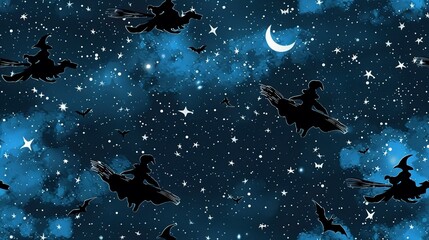 Infinite flying brooms, witches soaring across the night sky. Seamless Pattern, Fabric Pattern, Tumbler Wrap.