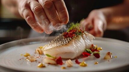 Professional chefs exclusive recipes for elegant sea bass - obrazy, fototapety, plakaty