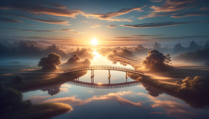 Sunrise beams through misty landscapes, reflecting off a serene river crossed by an arched bridge. - obrazy, fototapety, plakaty